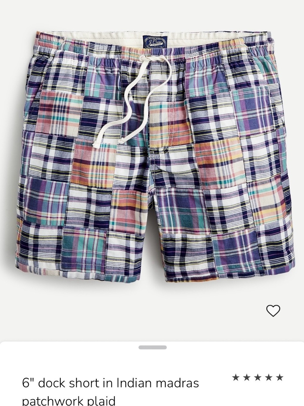 J. Crew Men’s 6" Dock Short in Indian Madras Patchwork Plaid. Size Medium. New.